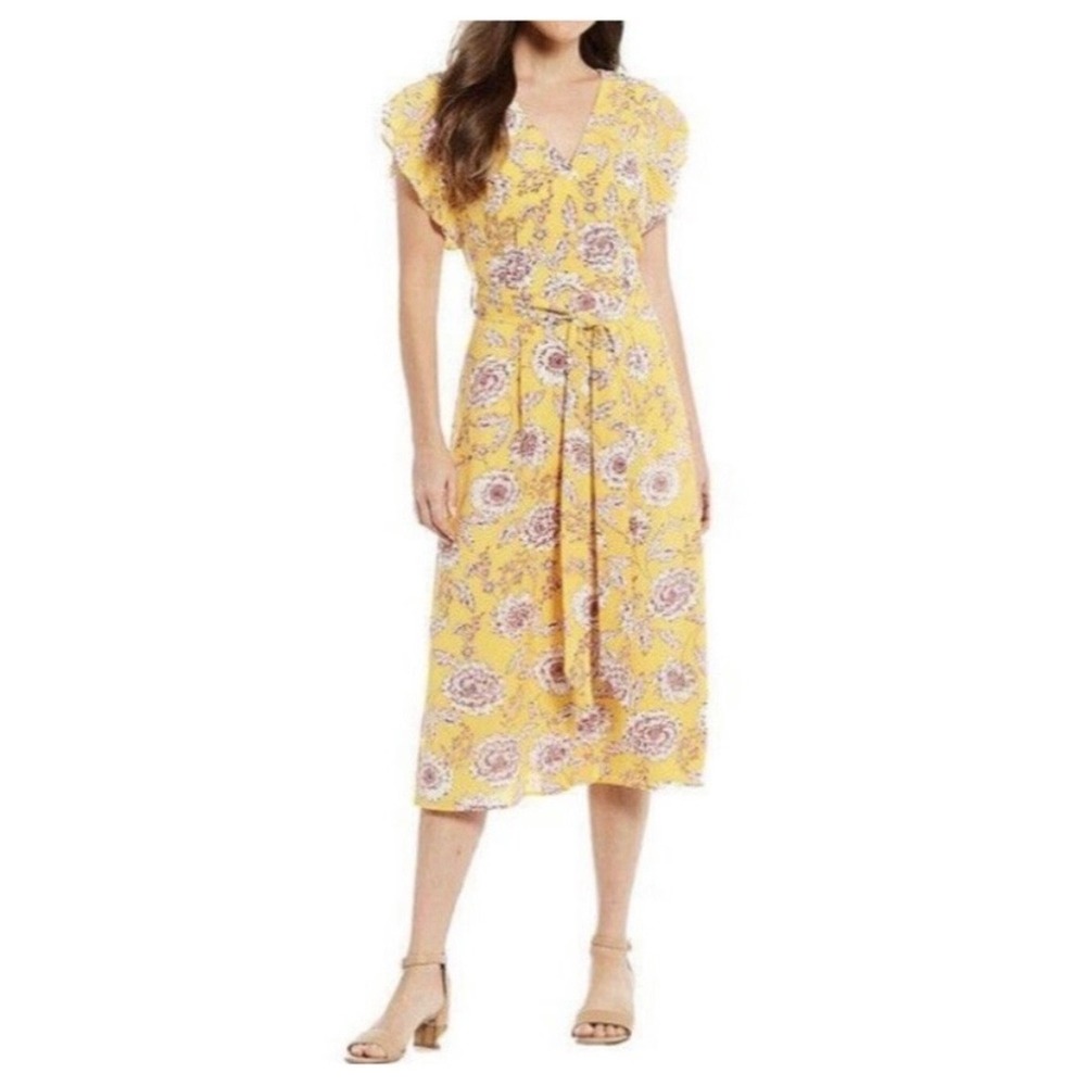 Alex Marie Yellow Floral Flutter Sleeve Midi Dress Waist Tie Wedding Guest 14